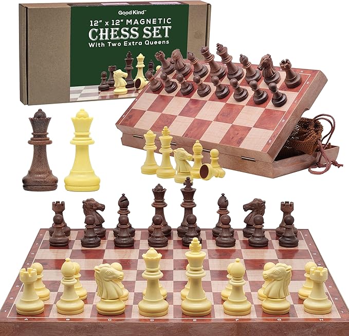 Magnetic Travel Chess Set for Kids and Adults. Portable 12 x 12 Chess Board Game for Beginner &amp Advance Players. Chess Sets for Adults with 2 Extra Queens &amp 2 Storage Bags for Chess Pieces.