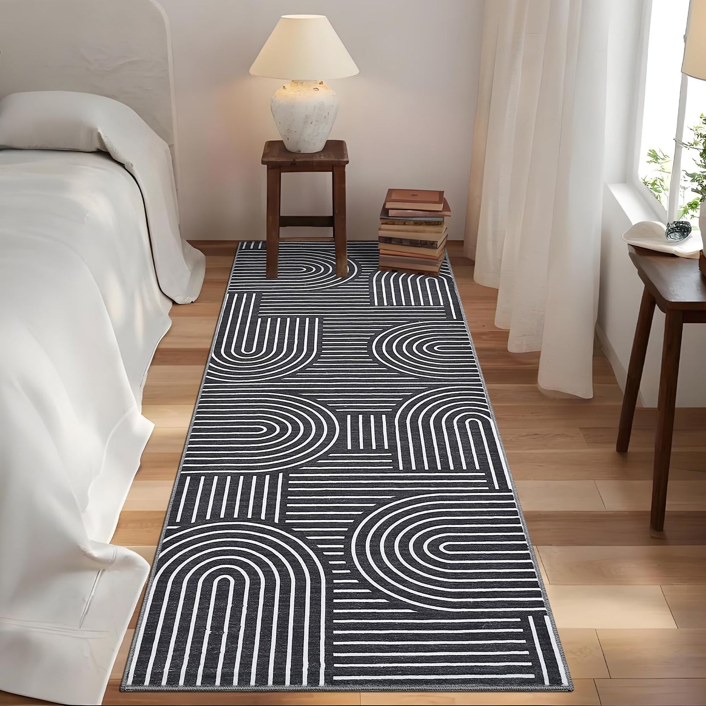 ROYHOME Modern Rug 2x6 Runners for Hallways, Abstract Kitchen Runner Rugs Non Slip Bath Runner, Rainbow Washable Runner Rug for Bedroom, Soft Long Rugs for Entryway Bathroom Laundry Dorm, Black