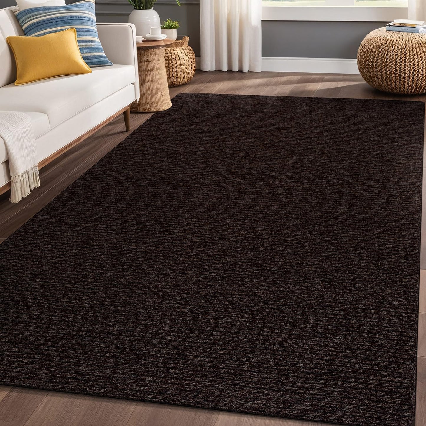 Luul Home Non Slip Brown Solid Rubber Back Thin Rug for Living Room 5x7 Area Rugs for Kitchen, Rugs for Bedroom, Stain Resistant Easy Cleaning Non Shedding Carpet Brown 5 x 7