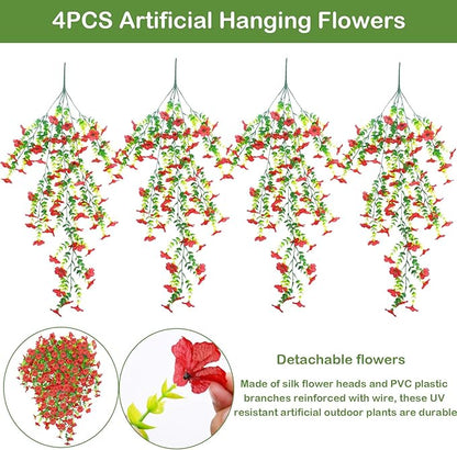 DOUBFIVSY Artificial Hanging Flowers for Outdoors, 4 Pcs Fake Hanging Plant Spring Summer Decor, UV Resistant Waterproof No Fade Faux Flower for Front Door Porch Patio Planter Garden (Red)