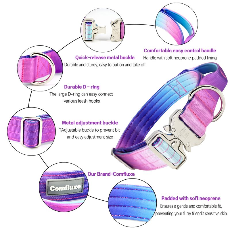 Comfluxe 1.5" Tactical Dog Collar with Handle, Heavy Duty Dog Collar with Metal Buckle for Medium Dogs, Soft Neoprene Padded Lining, Adjustable Gradient Colorful Nylon Collar for Training (Purple, M)