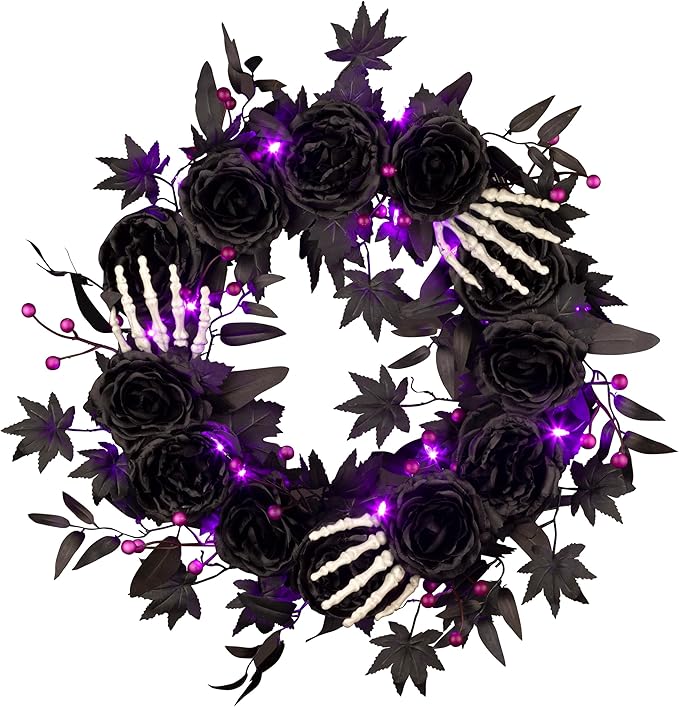 National Tree Company, 24inch Artificial Bad to The Bone Halloween Wreath, 30 Purple LED Lights,