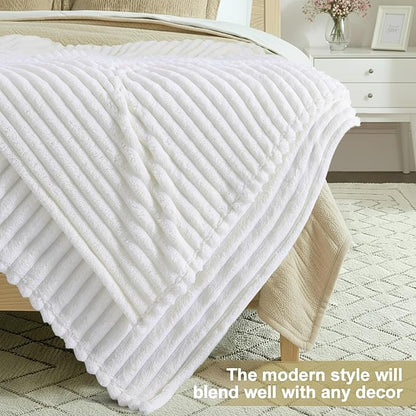 decorUhome Soft Fleece White Throw Blanket for Couch, Cozy Fluffy Plush Flannel Striped Blanket for Sofa Bed, Lightweight Decorative Ribbed Fuzzy Blanket for Woman, 50x60 Inches