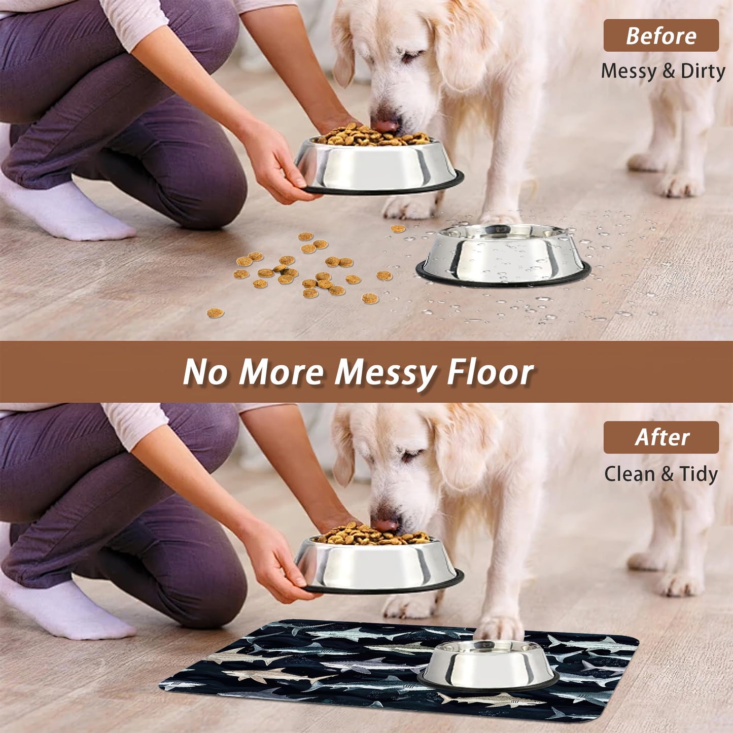 Cute Shark Dog Cat Food Mat,Absorbent Pet Feeding Mat with Rubber Backing,Non-Slip Water Bowl Placemat,Indoor Pet Accessories Supplies 16"x24"
