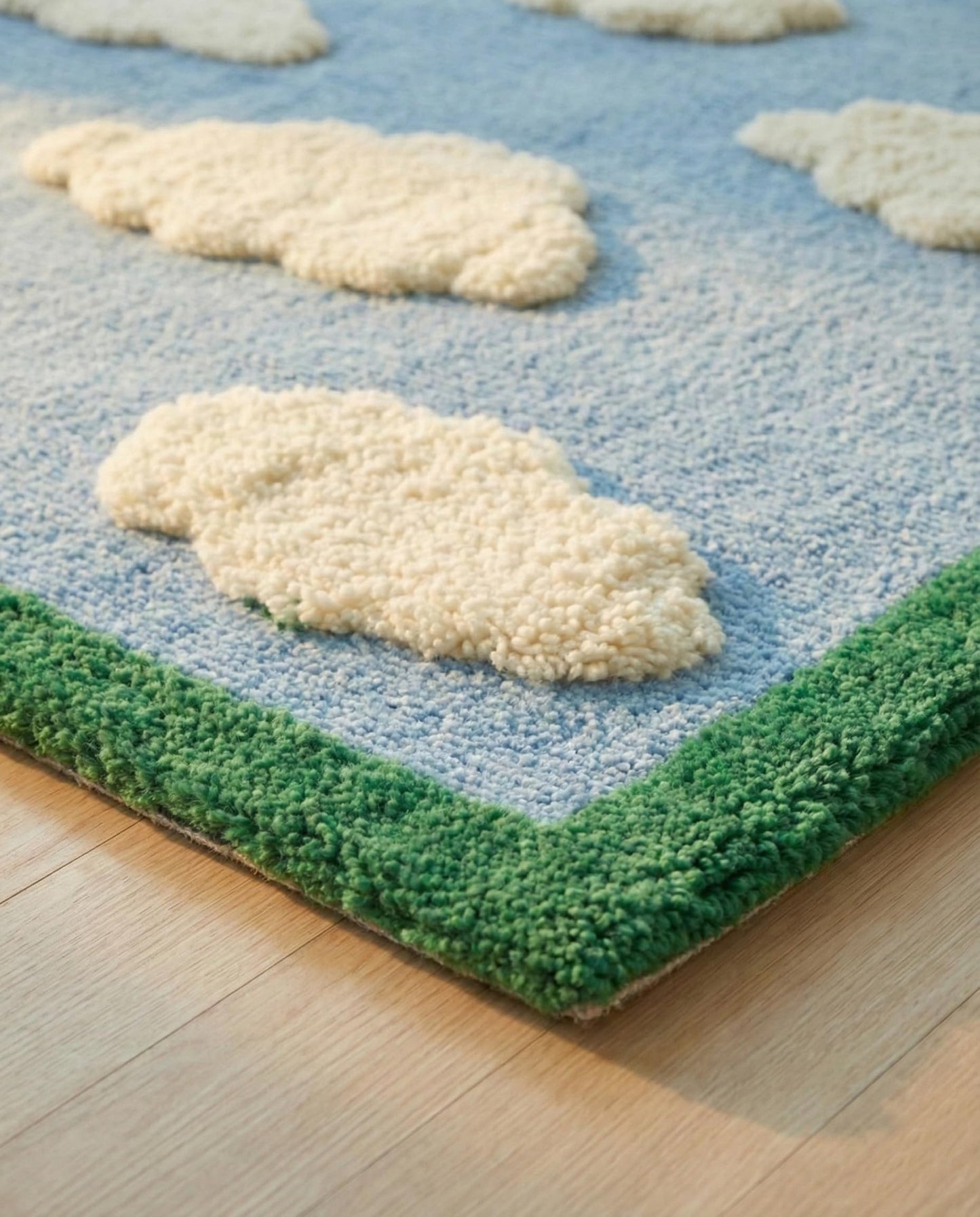 RUGORIA Hand-Tufted Cloud Pattern Wool Area Rug, 6' x 8' Sky Blue & Ivory Raised Cut-Pile Design with Green Border, Soft Plush & Durable Carpet for Kids Room, Living Room & Playroom