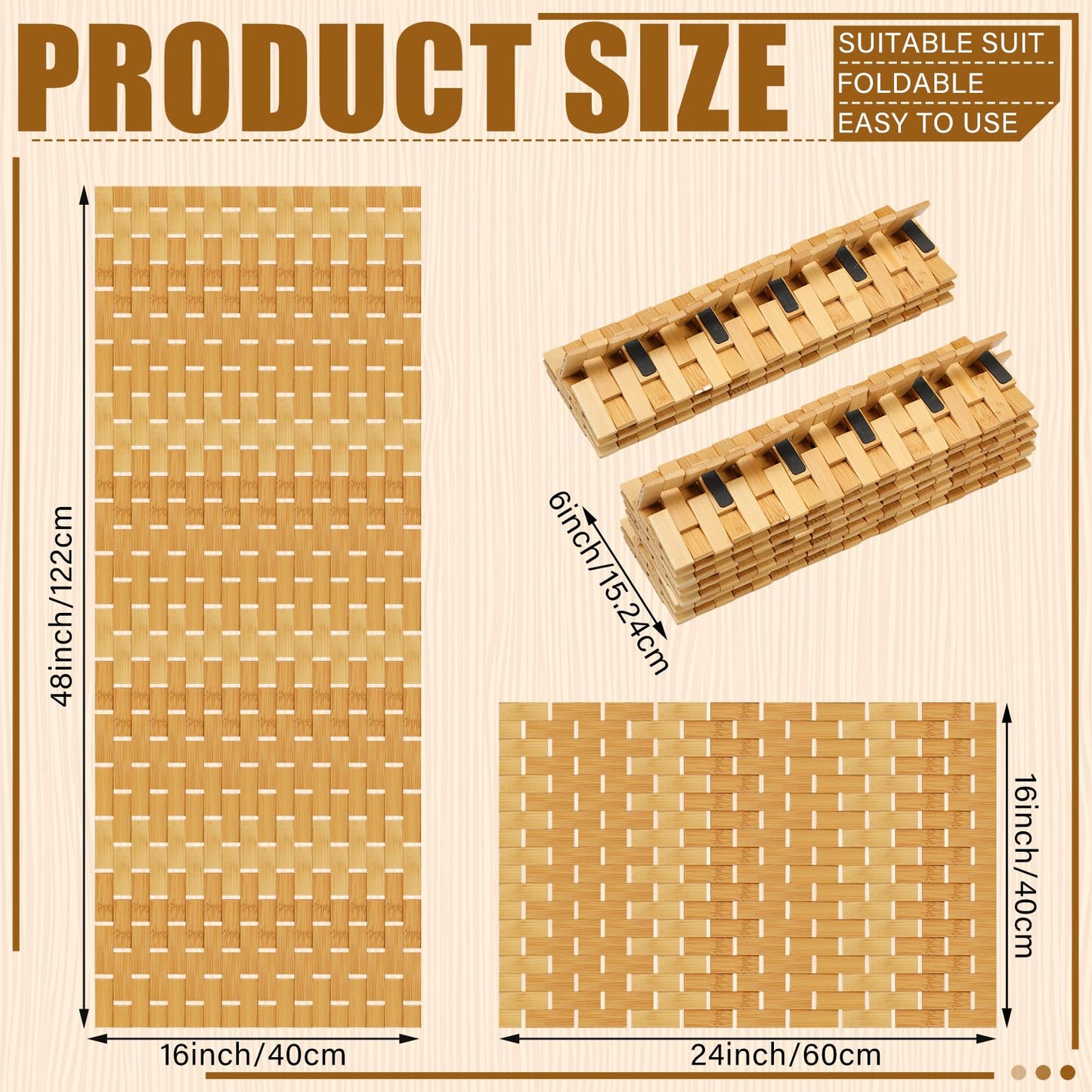 Barydat 2 Pcs Bathroom Bamboo Bath Mat Set Long Large Bathtub Non Slip Bamboo Shower Mat Floor Wooden Rug Waterproof Bathmat for Bathroom Accessory Spa Kitchen Outdoor, 16 x 48 Inch and 16 x 24 Inch