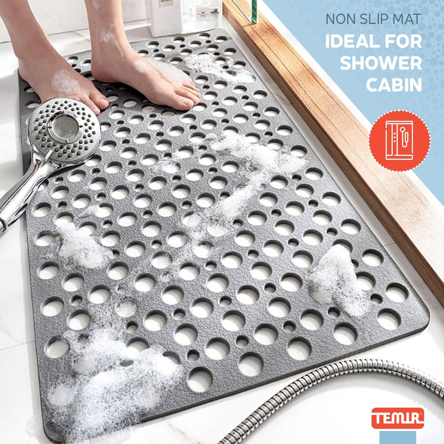 TEMIR Non Slip Bathtub Mat for Shower — Anti Skid Safety Mat with Strong Suction Cups, Quick Drain Holes, Machine Washable, Soft Bathroom Mat for Elderly & Kids, 30x17 in (75x43 cm) Gray