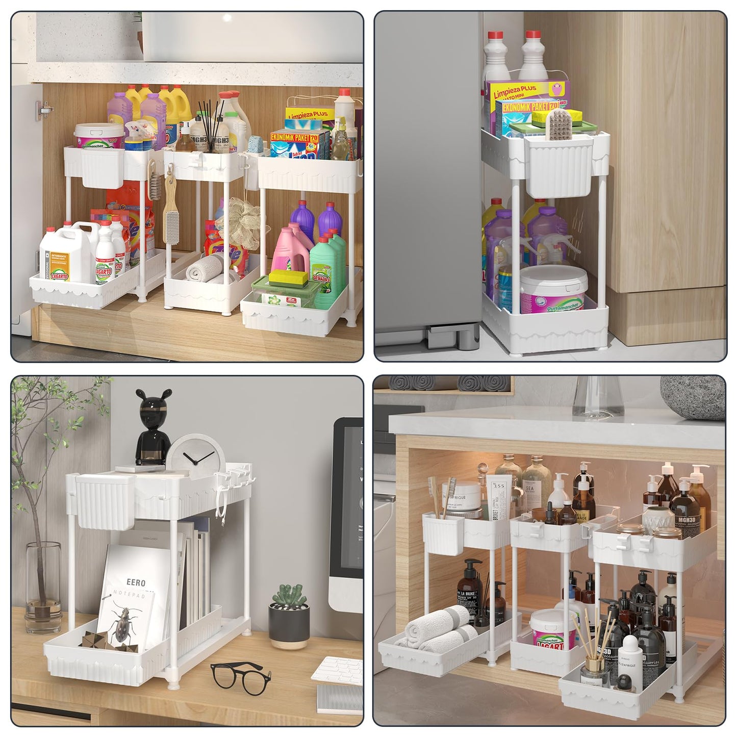 3 Pack Under Sink Organizers, 2-Tier Multi-Use Kitchen and Bathroom Organizers and Storage with Sliding Drawers，Bathroom Cabinet Organizer (Black, 12.8 Inch)