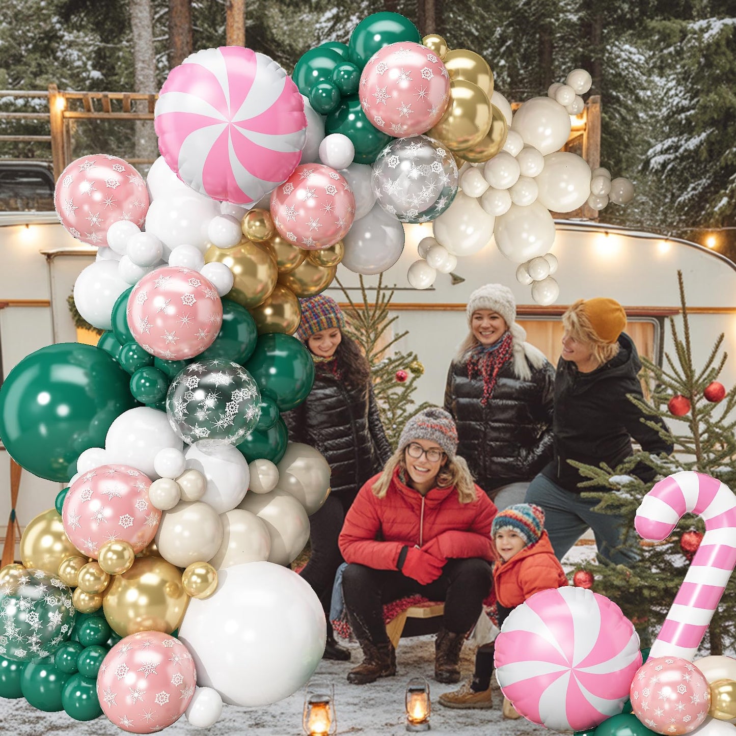 Froova Christmas Decorations Balloons Arch Kit 114Pcs Green White Apricot Transparent Snowflake Balloons Garland, Gingerbread Man Candy Cane Windmill Foil Balloon for Winter Holiday Xmas Supplies