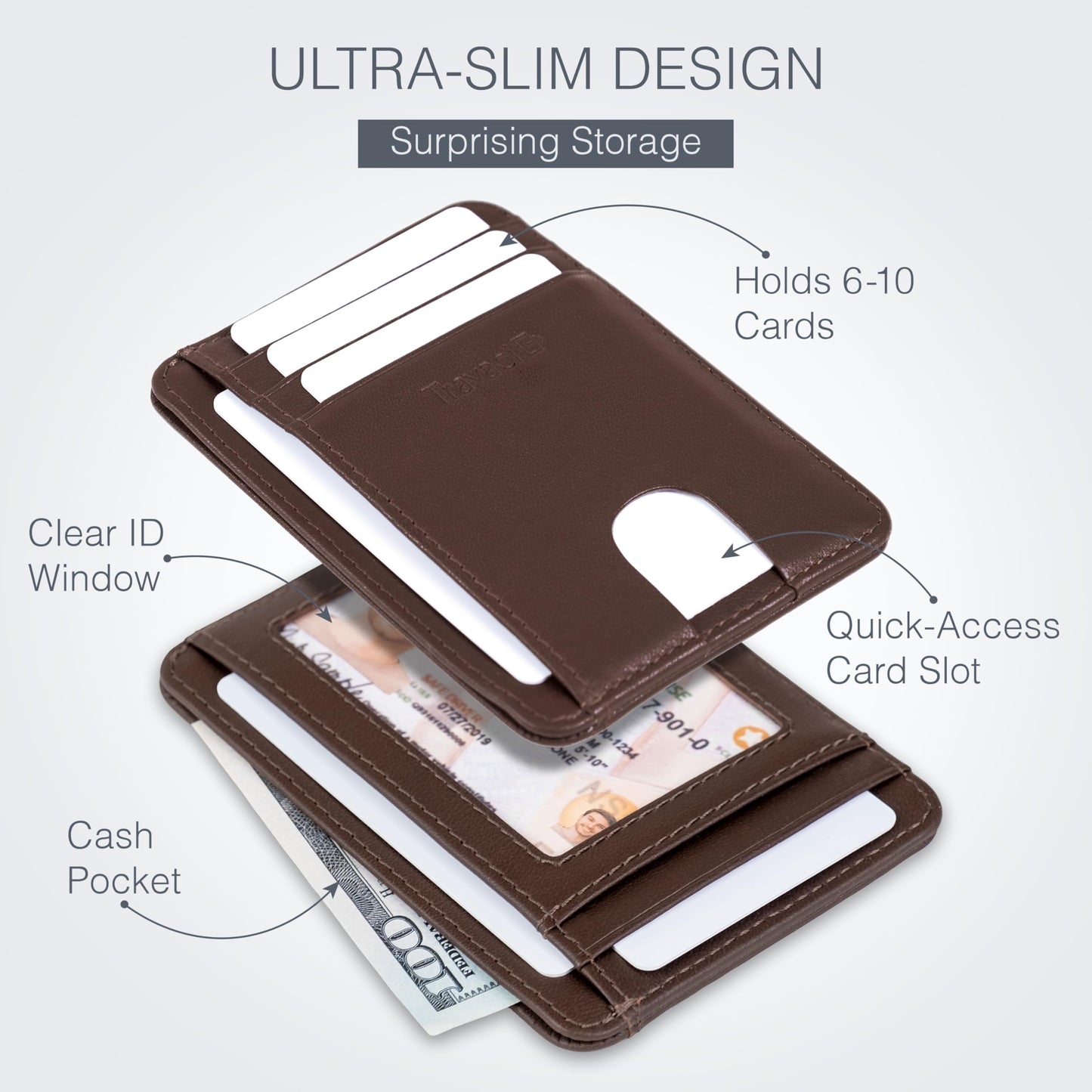 Travaci Full Grain Leather Slim Wallet for Men and Women - Small Minimalist Wallet and Leather Card Holder - Thin Front Pocket Credit Card Holder - Dark Brown