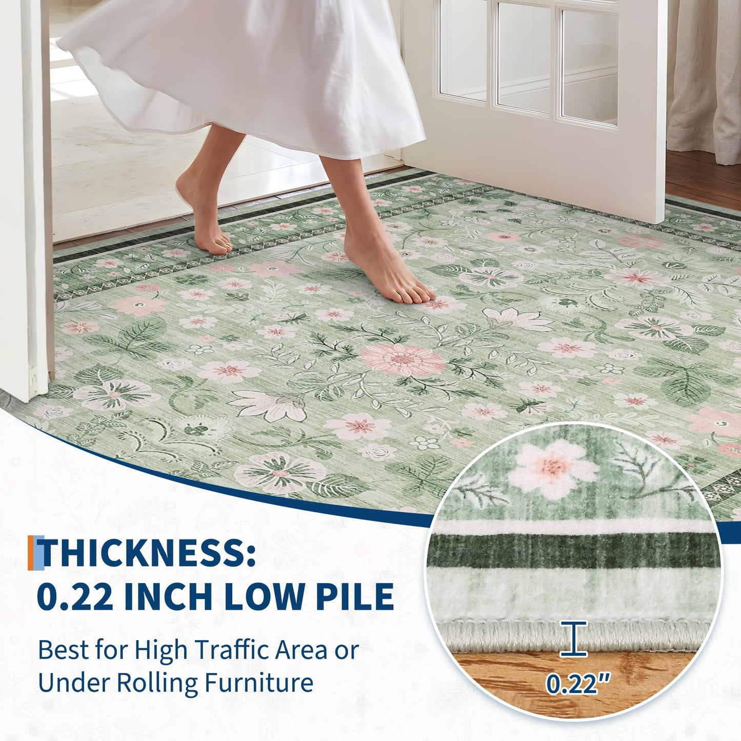GarveeHome 10x14 Area Rugs for Bedroom Machine Washable Rugs Soft Non-Slip Backing Low Pile Stain Resistant Carpet for Living Room Farmhouse Dining Room Nursery Green