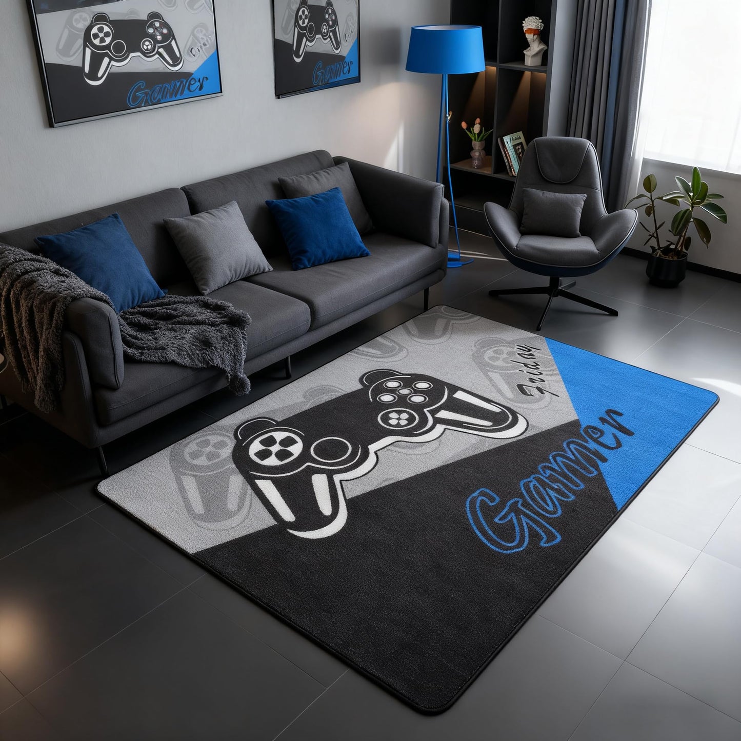jejeloiu Gamer Area Rug 4x5 Gaming Rugs for Living Room Bedroom Game Room Decor Gamepad Blue and Black Accent Rug