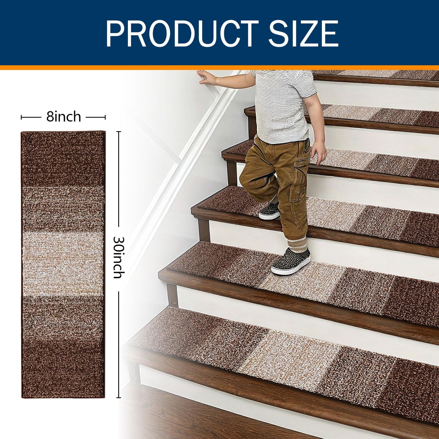 OLANLY Stair Treads Non Slip 4PCS, 8" x 30" Indoor Stair Runners for Wooden Steps, Edging Stair Rugs with Reusable Peel and Stick Adhesive for Kids Elders and Pets, Brown