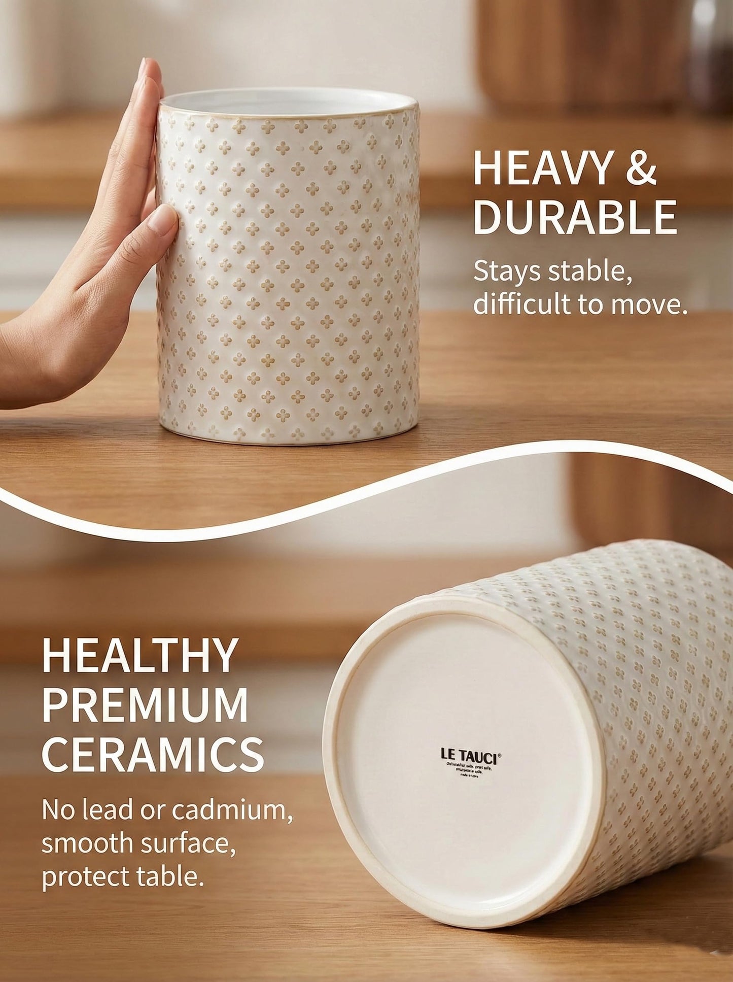 LE TAUCI Kitchen Utensil Holder for Countertop - 7.1"+5.4" Ceramic Utensil Crock Set of 2, Large Cooking Utensil Organizer for Spatula, Spoon, Whisk - Farmhouse Storage, Embossed, Fireworks
