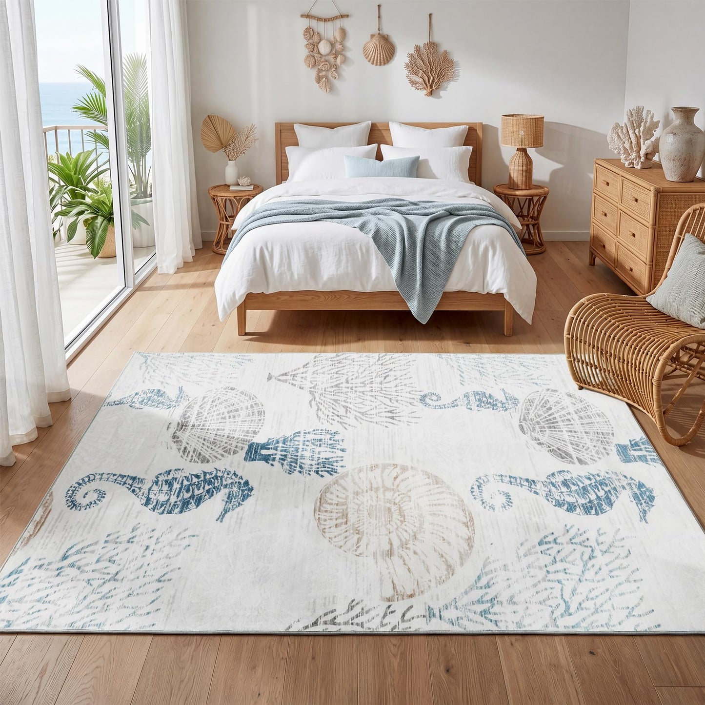 Tribesigns Boho Coastal 5x7 Washable Area Rugs for Living Room, Soft Non-Slip Rugs for Bedroom Dining Room, Large Ultra Thin Printed Carpet for Ocean Beach Dorm Kids Room Office Decor