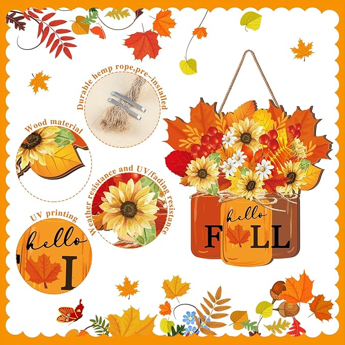 Newcotte Thanksgiving Wooden Sign Fall Decoration for Home Hello Fall Door Sign Farmhouse Maple Leaves Wall Hanging Decoration Door Hanger Wreath for Thanksgiving Autumn Porch Outdoor Home Decor