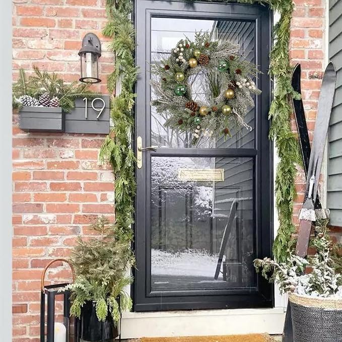 Holiday Christmas Wreath for Front Door, Snow Flocked 22-inch Artificial Winter Wreath with Gold and Green Ornaments, Pinecones and White Berries - Indoor & Outdoor Christmas Decoration