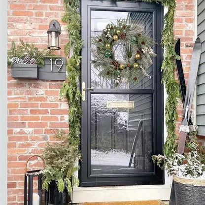 Holiday Christmas Wreath for Front Door, Snow Flocked 22-inch Artificial Winter Wreath with Gold and Green Ornaments, Pinecones and White Berries - Indoor & Outdoor Christmas Decoration