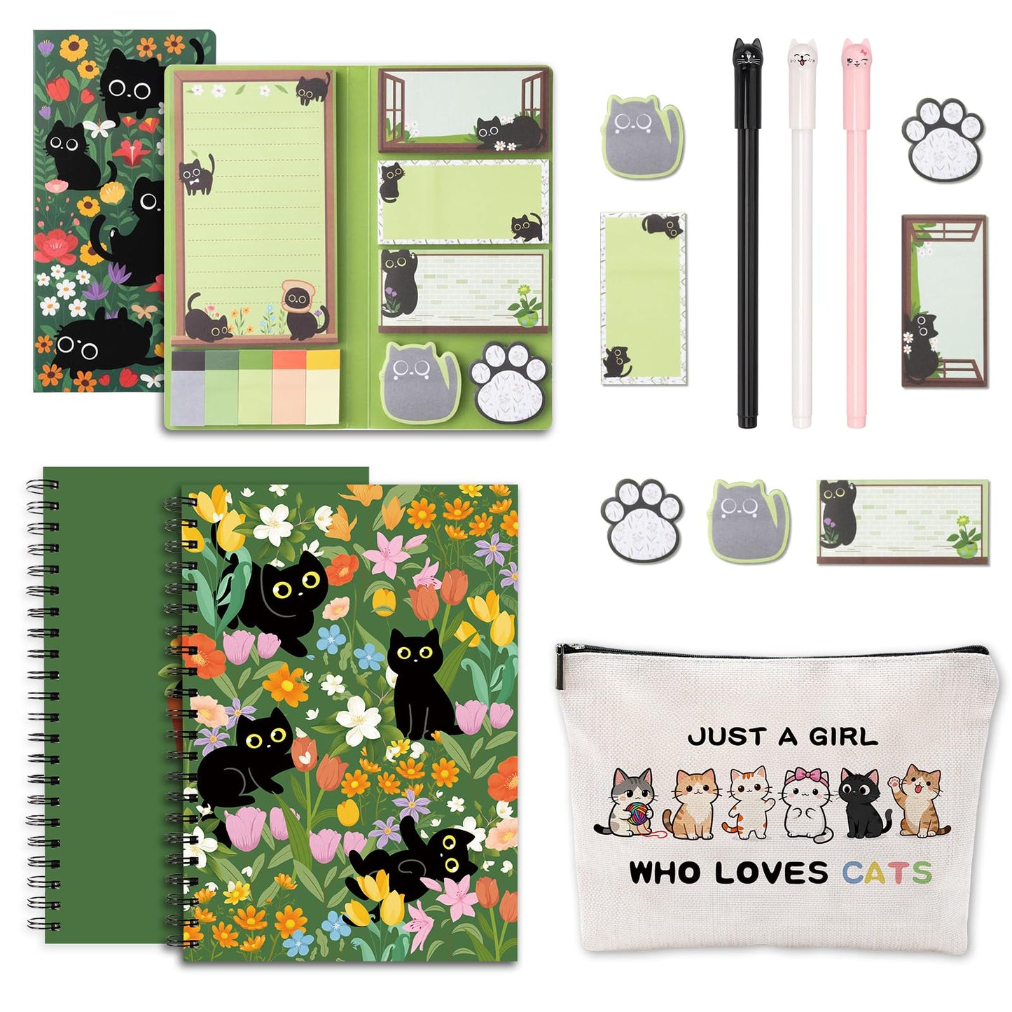 SUMMERGIFTS 6 Pcs Cat Stationery Set Pens Sticky Notes A5 Spiral Notebooks Makeup Bag Pencil Pouch for Girls Women Cute Cat Lovers Christmas Birthday Gifts School & Office Supplies (Cat Floral)