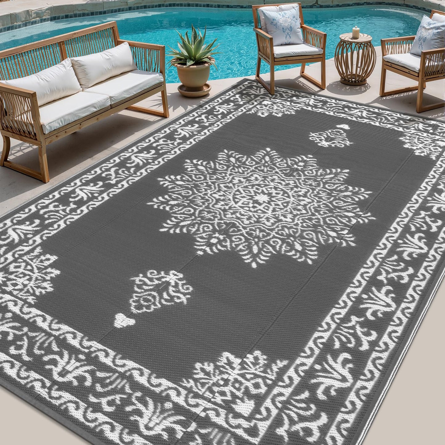 Yamaziot Outdoor Rug 9x12 Ft, Waterproof Plastic Straw Patio Rug, Reversible Backyard Carpet UV Resistant Portable RV Mat Clearance, Large Indoor Outdoor Rug for Patio, Porch, Deck, Balcony, Dark Gray