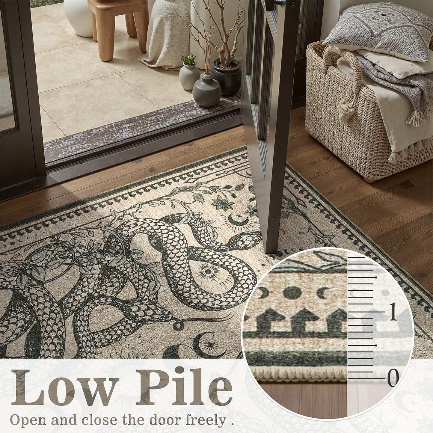 DCX Washable 2x6 Snake Runner Rug, Beige Gothic Rug for Living Room, Soft Low Pile Carpet, Kid & Pet Friendly with Rubber Back Non Slip, Stain Resistant Rug for Bedroom Dining Room Office