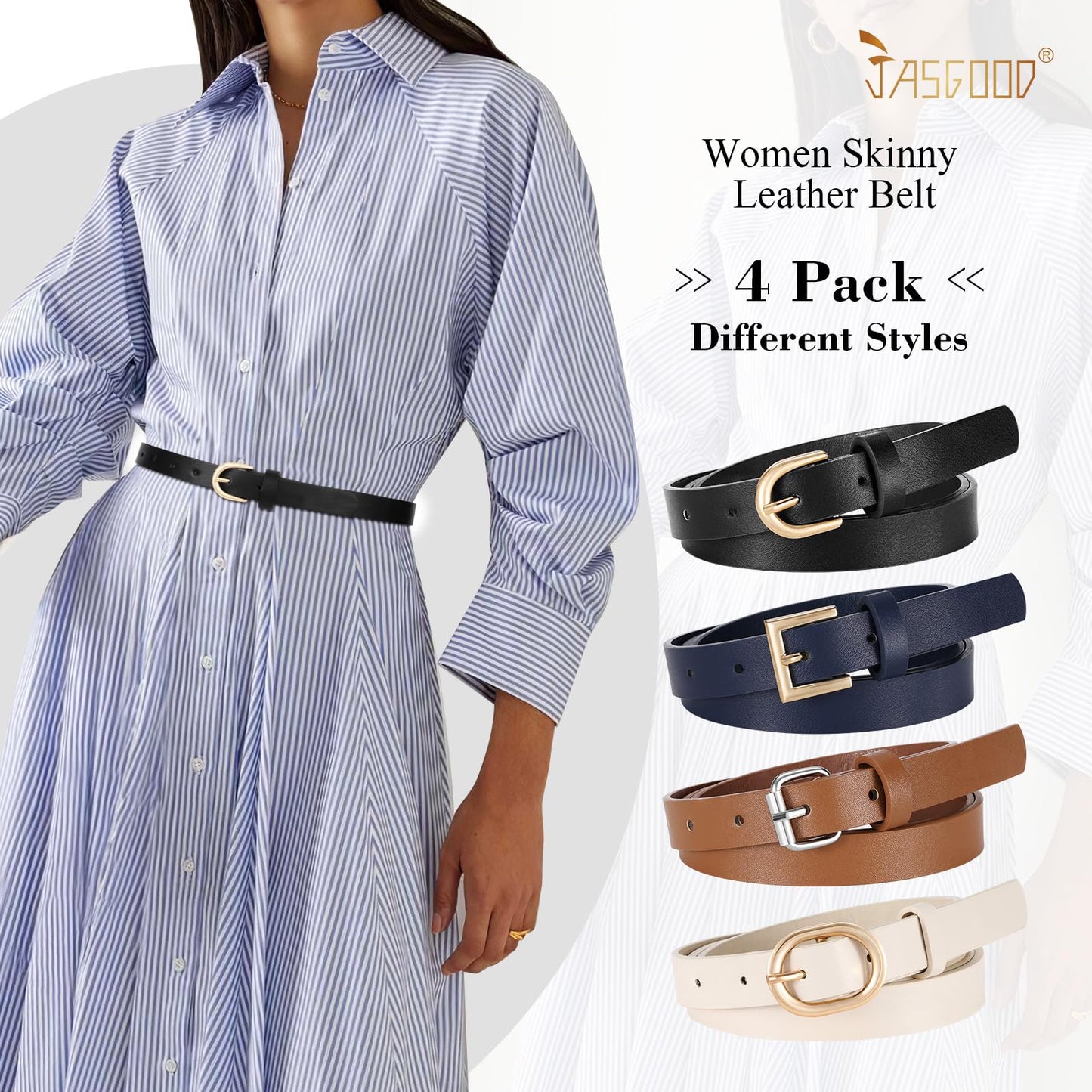 JASGOOD 4 Pack Women Skinny Leather Belt for Dresses with Gold Buckle Ladies Thin Waist Belt for Jeans Pants，Black+Blue+Brown+Beige