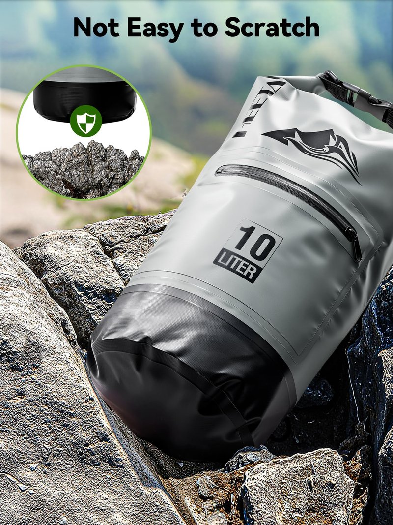 HEETA Waterproof Dry Bag with Front Zippered Pocket for Women Men, Roll Top Lightweight Dry Storage Bag Backpack for Travel, Kayaking, Boating, Rafting, Camping, Hiking & Beach (Grey, 5L)