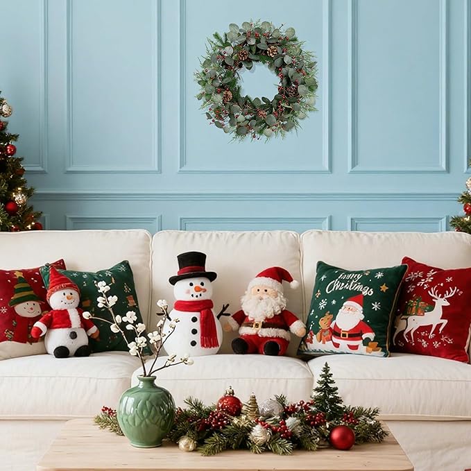 Christmas Wreath 24inch Christmas Wreaths for Front Door Xmas Red Berry Wreath with Eucalyptus Leaves Pine Cones Red Berries for Wall Window Indoor Outdoor Winter Decorations