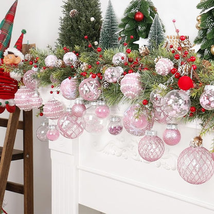 Super Holiday Christmas Ball Ornaments, 33PCS Pink Clear Shatterproof Plastic Foam Ornaments Set for Hanging Xmas Tree Holiday Thanksgiving Valentine's Day Party Decor.