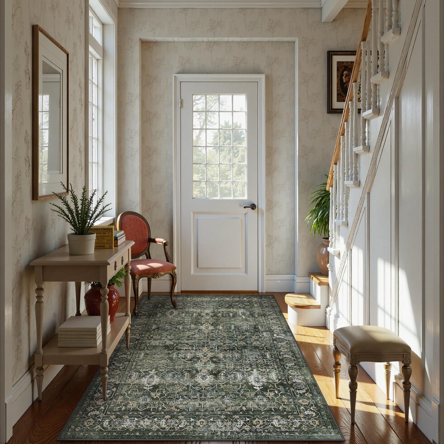 Lahome Margot Washable Area Rugs 5x7 Green Rugs for Living Room,Boho Rug for Bedroom, Distressed Non Slip Low Pile Carpet for Indoor Home Office Dining Room (5'x7', Green)