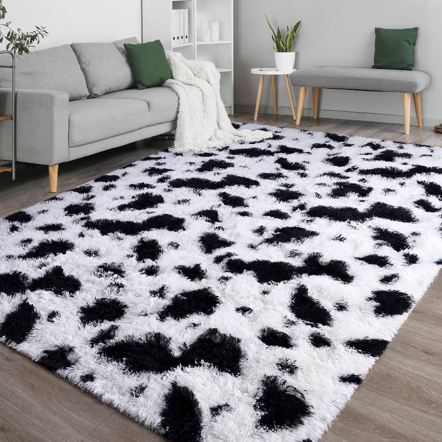DweIke Fluffy Black White Rugs for Bedroom Living Room, 5x8 Feet Soft Plush Shaggy Cow Hide Print Girls Boys Kids Rug, Non-Slip and Machine Washable Carpet for Dorm Nursery Classroom Decor