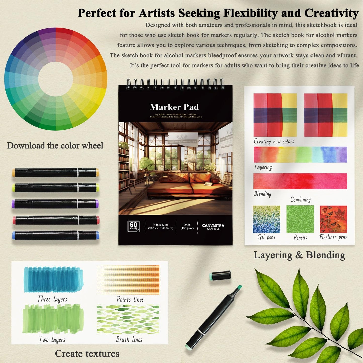 Marker Paper Sketchbook 9x12, 60 Sheets Marker Pad for Alcohol Markers, 90lb/150gsm Paper for Markers with No Bleeding, Sketch Book for Alcohol Markers bleedproof for Adults, Artists, Beginners, Kids.