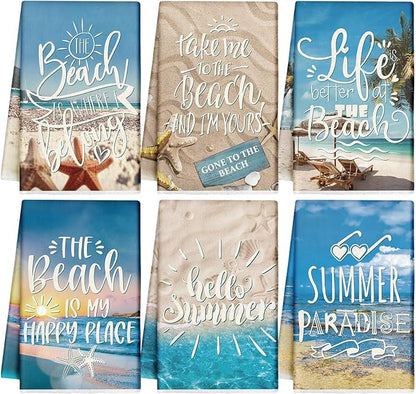 Breling Set of 6 Summer Beach Kitchen Towels Vintage Themed Dish Towel Bathroom