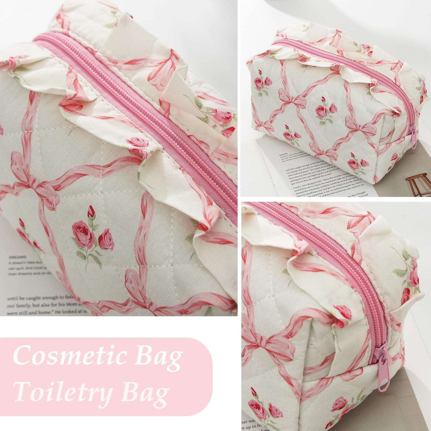 Cute Makeup Bag Travel Cosmetic Bag for Women,Small Floral Organizer Toiletry Bag Make Up Bags,Coquette Aesthetic Bowknot Toiletry Bag,Soft Cotton Cloth Travel Toiletry Bag (04 Pink Bow Flower)