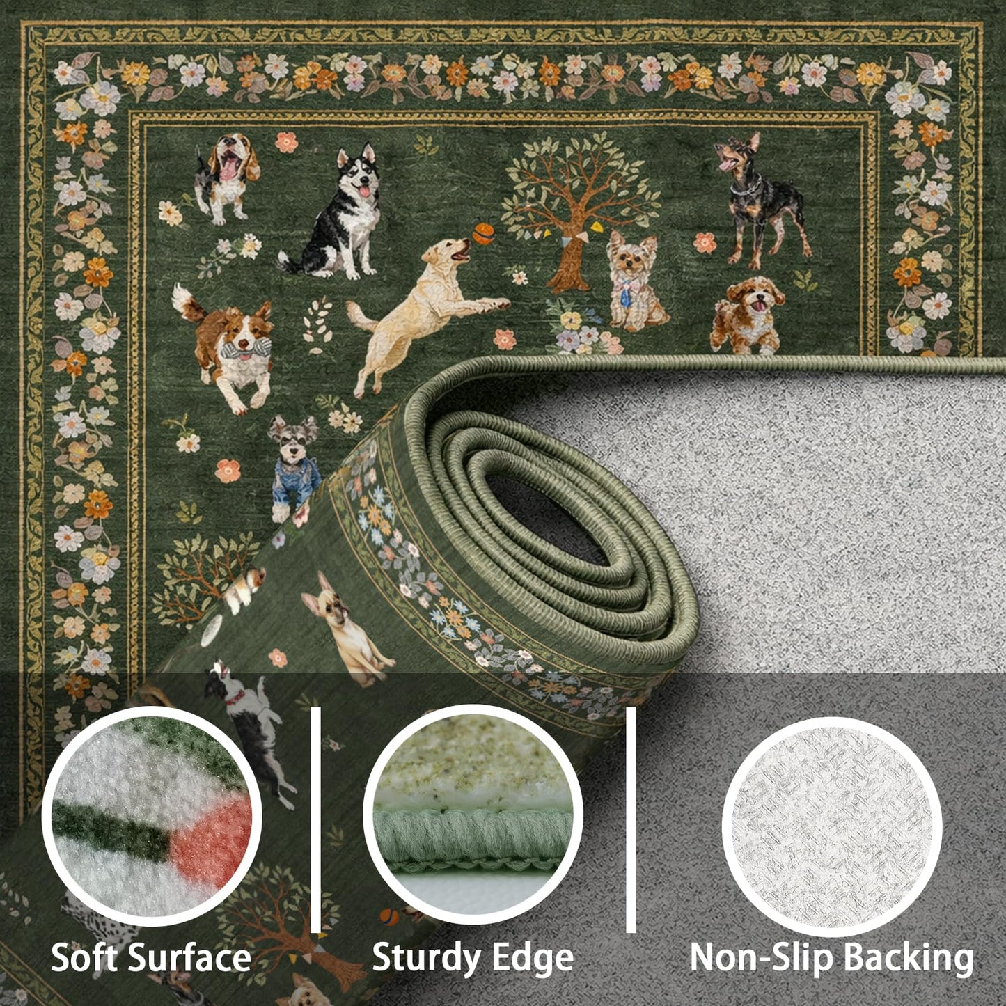 Floral Dog Machine Washable Rug Dark Green, 3x5 Rug Non Slip Soft Bedroom Rugs for Entryway Dorm, Ultra-Thin Rugs for Bedroom Stain Resistan(3 x 5, Dark Green)