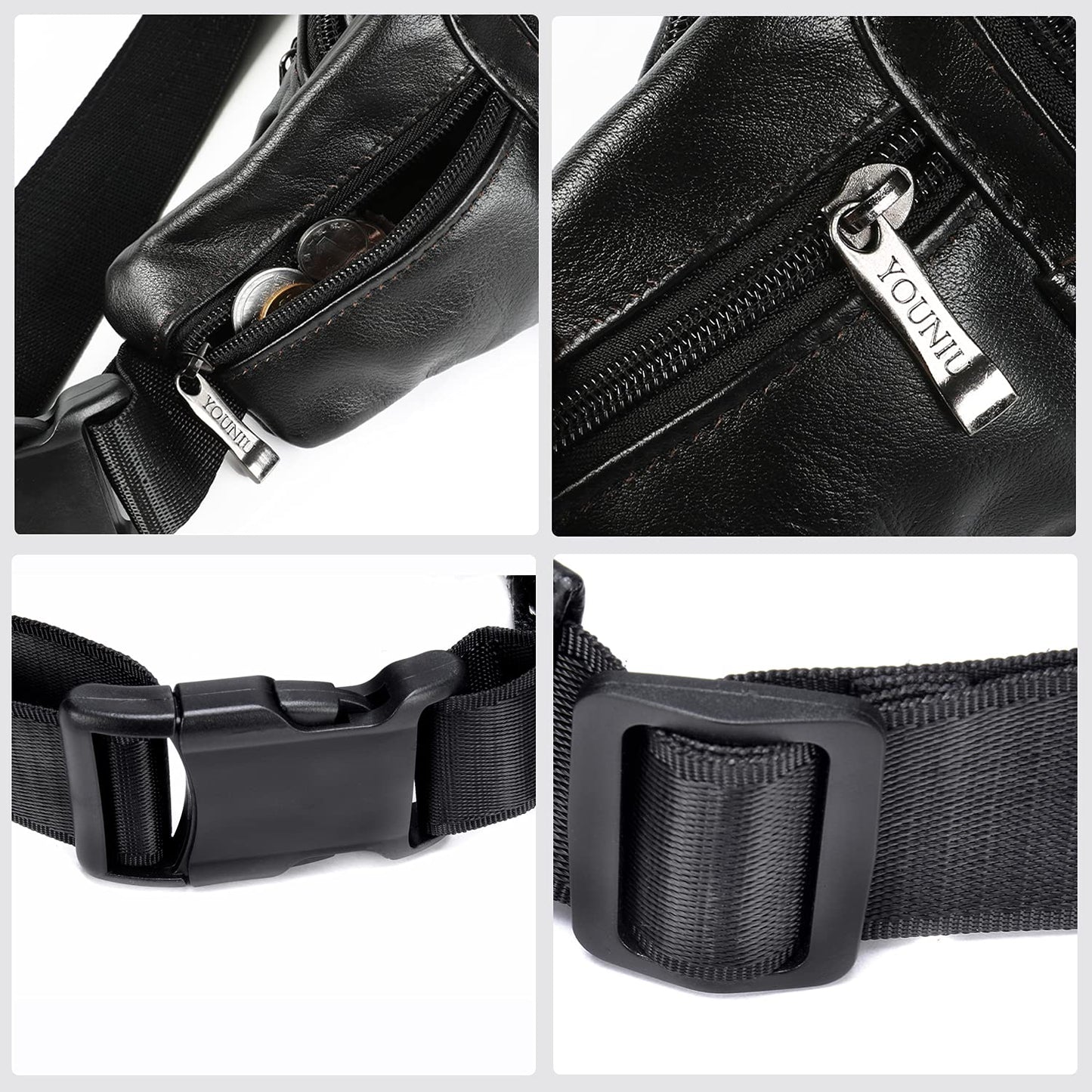 OrrinSports Black Leather Fanny Pack for Men & Women, Fashionable Multi-Pockets Waist Belt Bag for Travel Sports Hiking Cycling Fishing Running