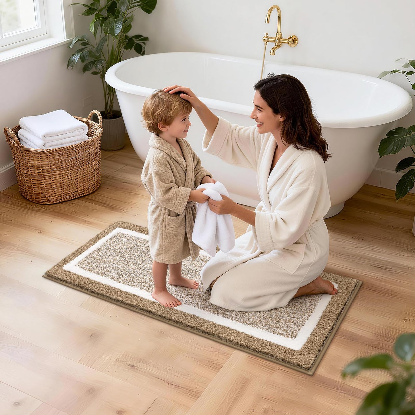 Pauwer Bathroom Rugs Sets 5 Piece Soft Absorbent Microfiber Bath Mat Set Non Slip Machine Washable Rug Plush Shaggy Bath Mats for Bathroom Decor Floor Toilet Tub and Shower, Khaki