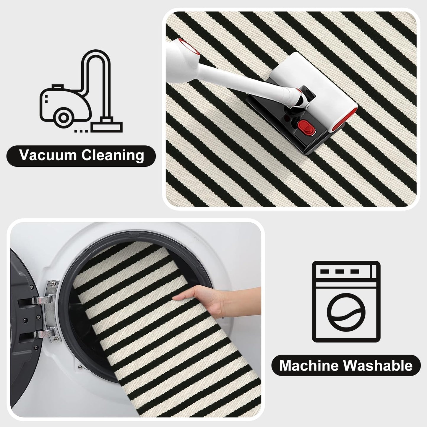 OJIA Washable Area Rugs 4'x6', Black and Cream Outdoor Rug Cotton Woven Entryway Rugs Indoor Striped Patio Rugs Carpet Large Area Rugs for Bedroom/Porch/Deck/Backyard/Home Outside Entrance Decor