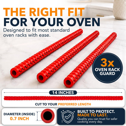 Silicone Oven Guards for Racks by Linda’s Essentials (3 Pack) - Heat-Resistant Rack Protectors Shield, Prevents Burns & Scars, Easy to Fit Design, Must-Have Kitchen Safety 14 Inches Long (Red)