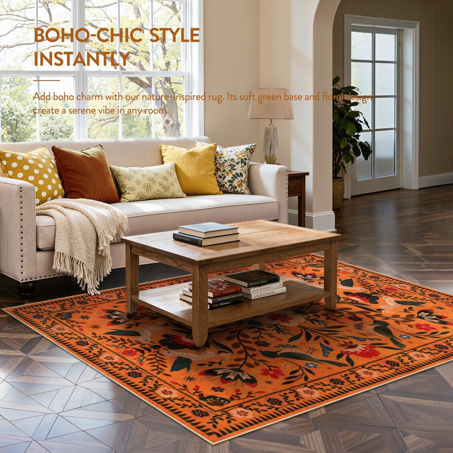 Moynesa Bedroom Rug 5x7, Washable Bohemian Scandinavian Orange Area Rugs for Living Room Dining Room Reading Coner, Modern Country Floral Bird Carpet, Fall Home Decor Non-Slip Protection