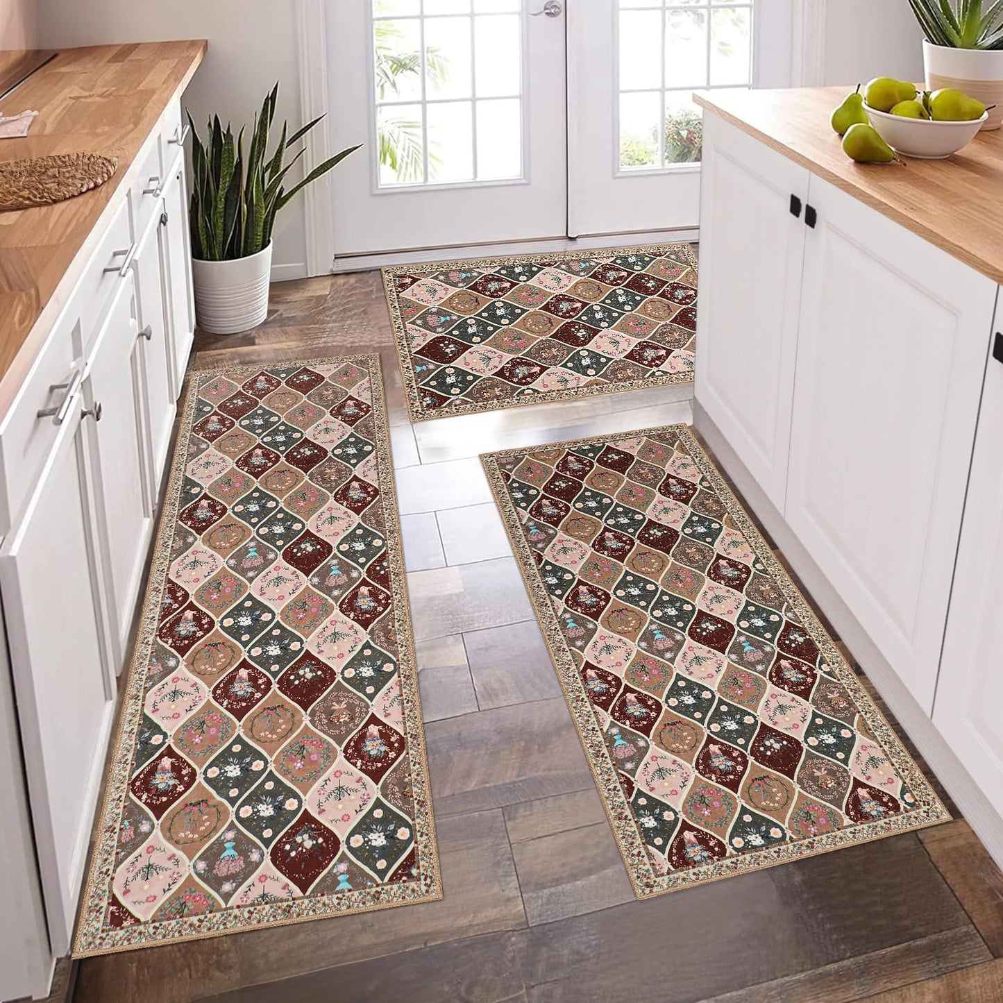 PCSWEET HOME Moroccan Trellis Kitchen Rugs Sets of 3 Non Slip Kitchen Rugs and Mats Washable Indoor Door Mat Floral Kitchen Floor Mat Carpet Runner Rugs for Hallway Laundry Room, Brown