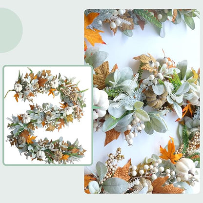 Thanksgiving Fall Wreath, Eucalyptus Berries Pumpkins Lamb Ears Leaves Autumn Wreaths for Front Door, Fall Decor, Porch Wall, Home Outdoor Holiday Decorations (Pumpkin Garland)