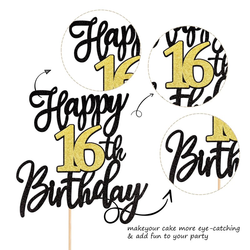 1 PCS Happy 16th Birthday Cake Topper Black Gold Glitter Cheers to 16 Years Birthday Cake Pick 16 Fabulous Cake Decoration for Happy 16th Birthday Anniversary Party Cake Decorations Supplies