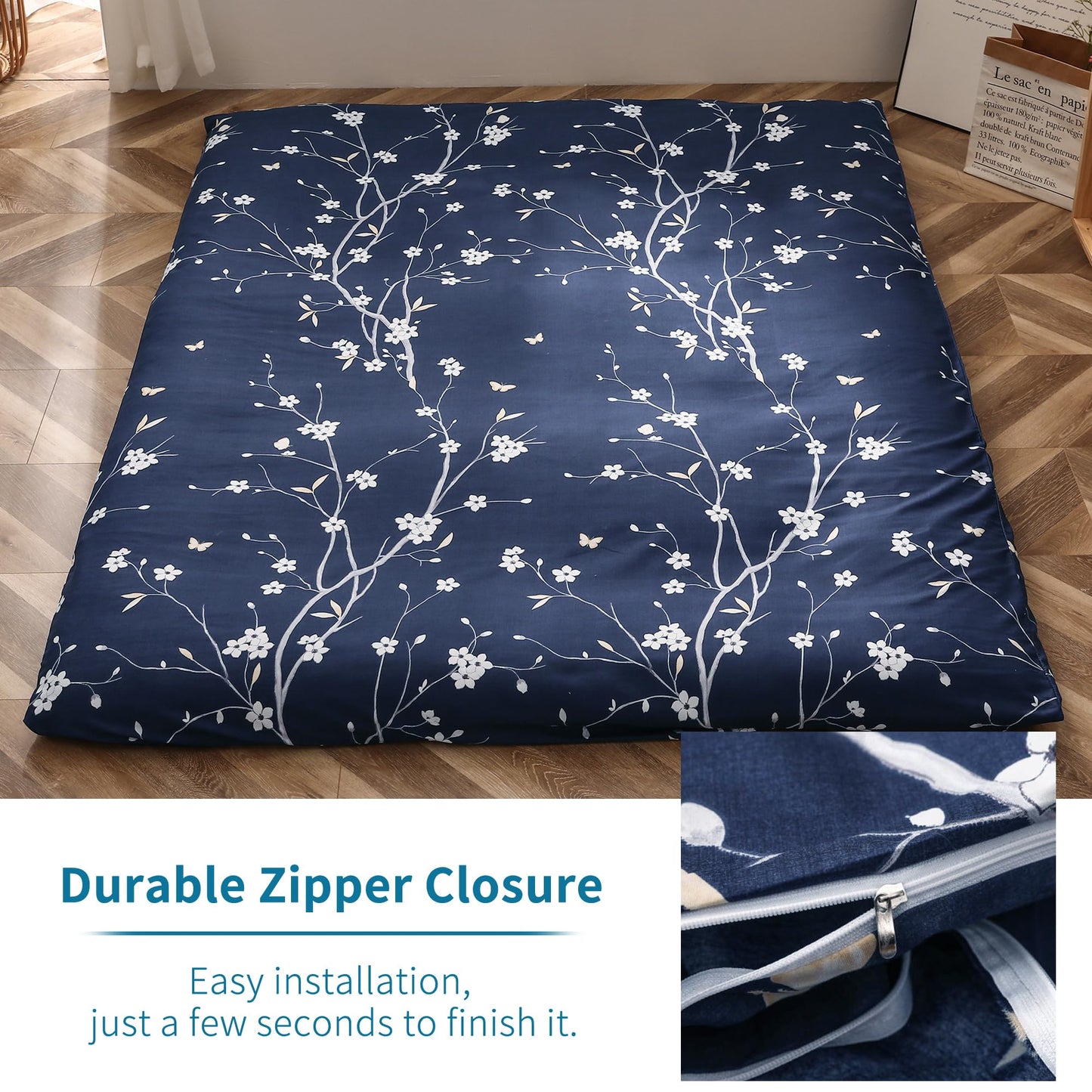 MAXYOYO Mattress Cover for Traditional Japanese Futon Mattress, Futon Floor Mats Cover with Zipper, Super Soft and Machine Washable, Navy Floral, Full