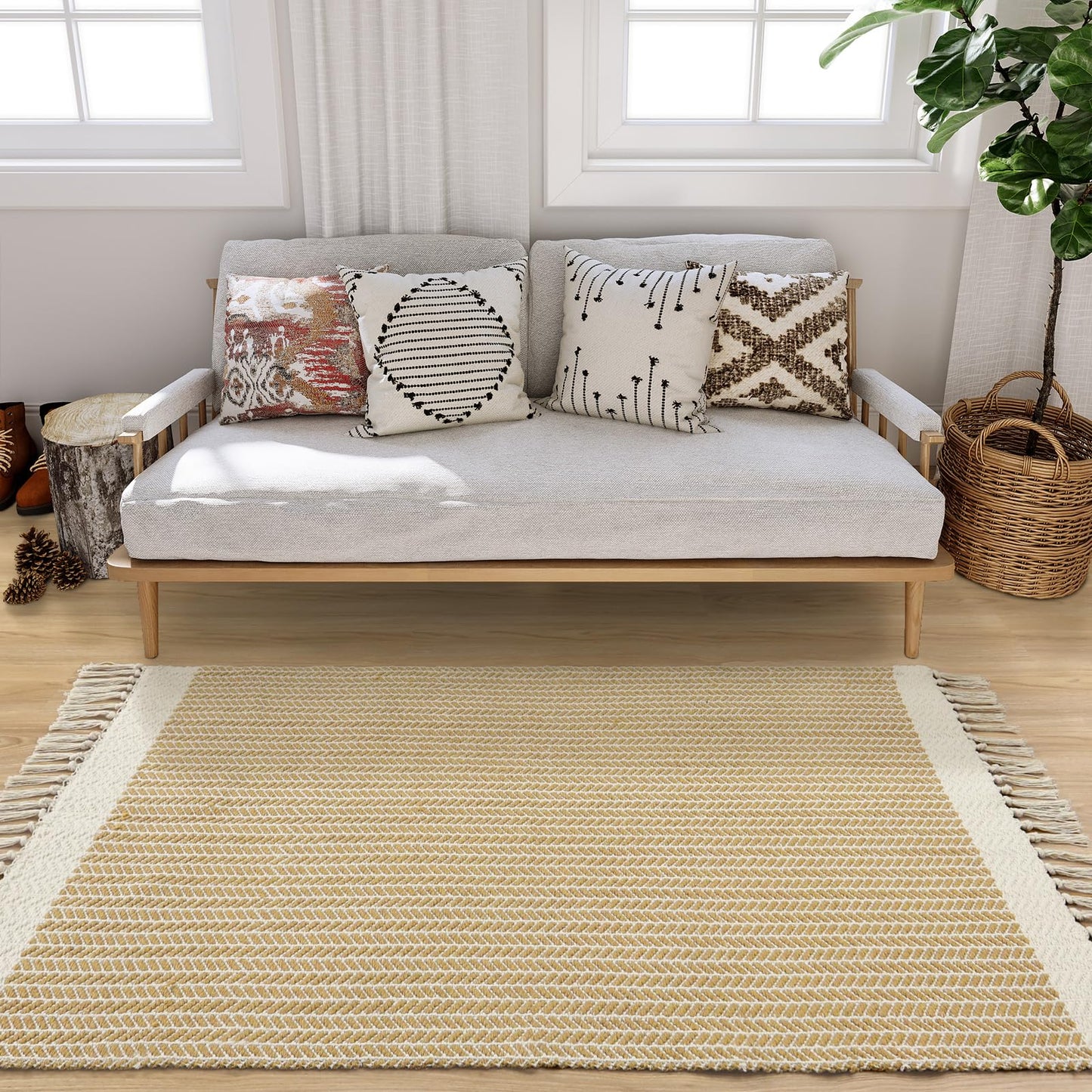 Lahome Belle Boho Rugs for Bedroom, 3x5 Bathroom Rug Lightweight Farmhouse Woven Area Rug with Tassels, Throw Rugs Washable Kitchen Rug Non Shedding Indoor Door Mats for Entryway Living Room, Khaki