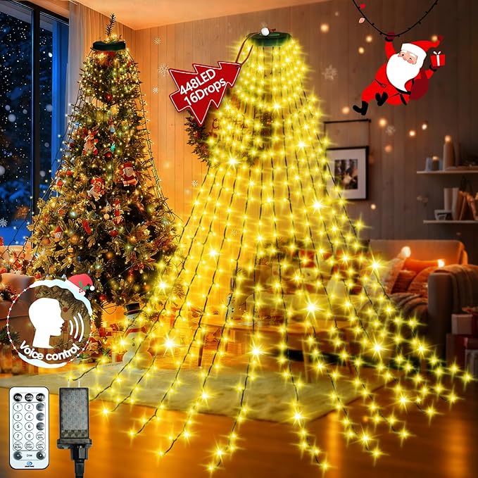 448LED Cascading Twinkle Christmas Tree Lights Indoor with Smart Voice Control & Remote | 7FT x 16 Lines Waterfall Tree Topper Lights, 12 Modes & Timer for 7FT Xmas Tree Christmas Decor (Warm White)