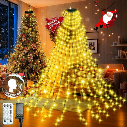 448LED Cascading Twinkle Christmas Tree Lights Indoor with Smart Voice Control & Remote | 7FT x 16 Lines Waterfall Tree Topper Lights, 12 Modes & Timer for 7FT Xmas Tree Christmas Decor (Warm White)