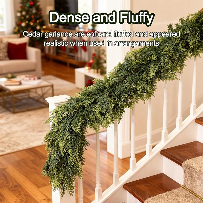 6ft Real Touch Cedar Garland Artificial Realistic Christmas Greenery Pine Garland with 150 Cedar Branches for Mantle, Fireplace, Table, Stairs, Doorframe, Window, Outdoor Indoor Xmas Decor