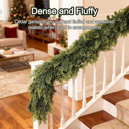 6ft Real Touch Cedar Garland Artificial Realistic Christmas Greenery Pine Garland with 150 Cedar Branches for Mantle, Fireplace, Table, Stairs, Doorframe, Window, Outdoor Indoor Xmas Decor