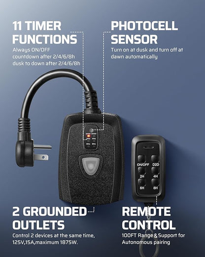DEWENWILS Outdoor Timer Outlet Waterproof, 15A 1/2HP, 2 Grounded Outlets, 100FT Remote Control, Black, FCC Listed